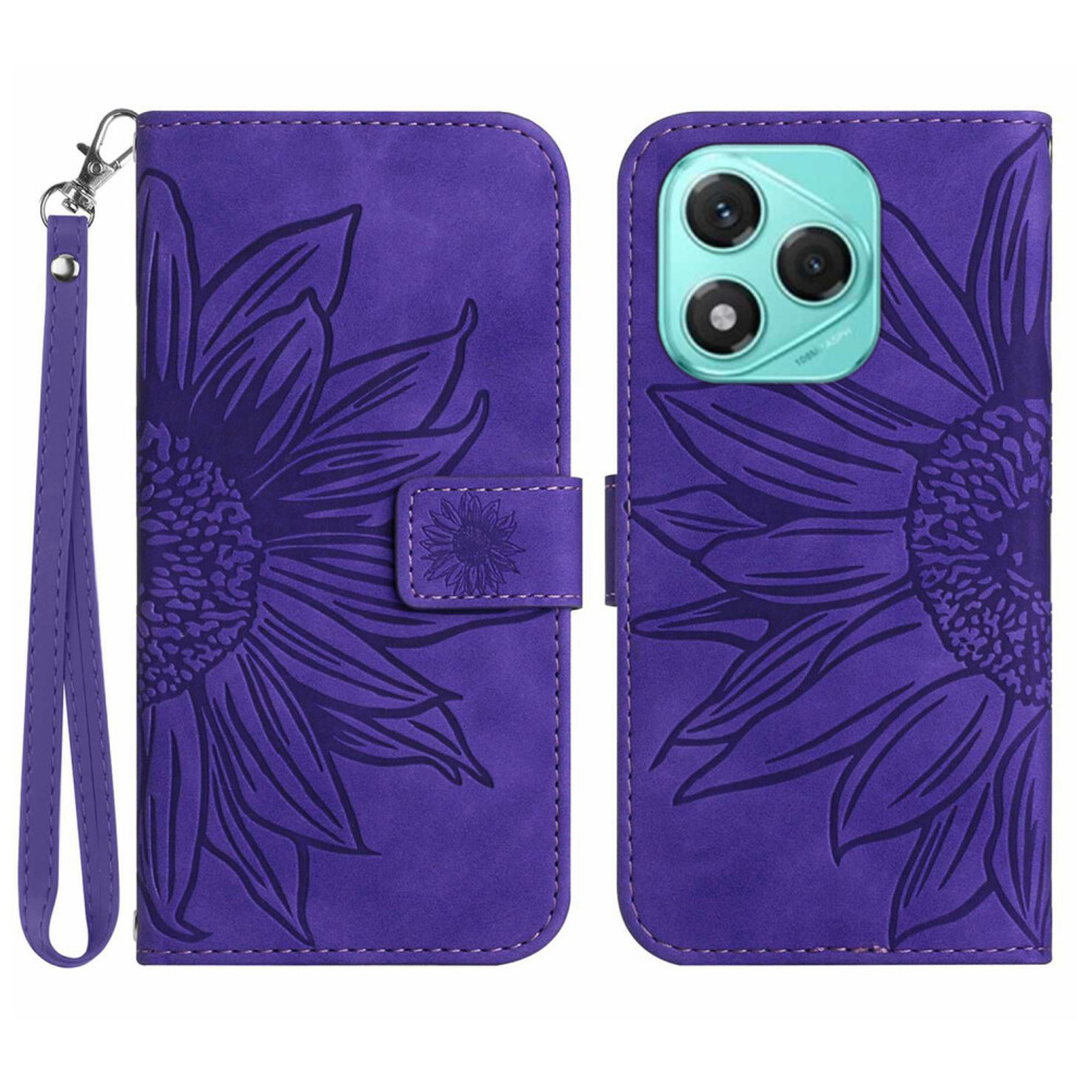 (Dark ) For Honor 400 Lite 5G Case Sunflower Imprint Leather Wallet Phone Cover With Wrist Strap Purple 6914281893593