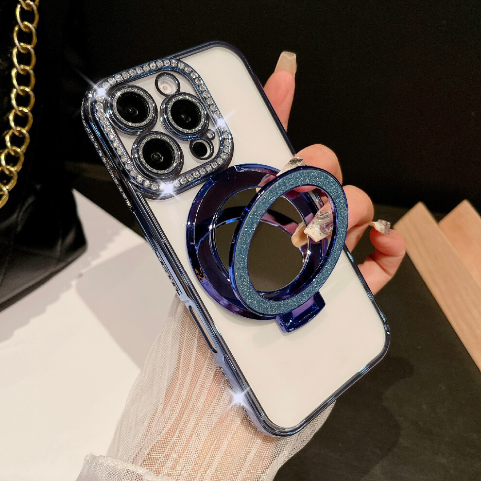 (Blue) For Iphone 16 Pro Max Case Electroplated Edge Mirror Kickstand Clear Back Phone Cover With Glitter Lens Film Blue 6914281039632