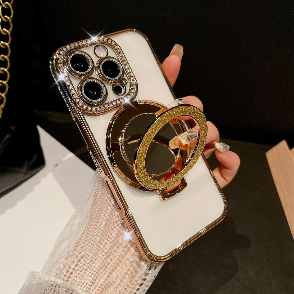 (Gold) For Iphone 16 Pro Max Case Electroplated Edge Mirror Kickstand Clear Back Phone Cover With Glitter Lens Film Gold 6914289799699