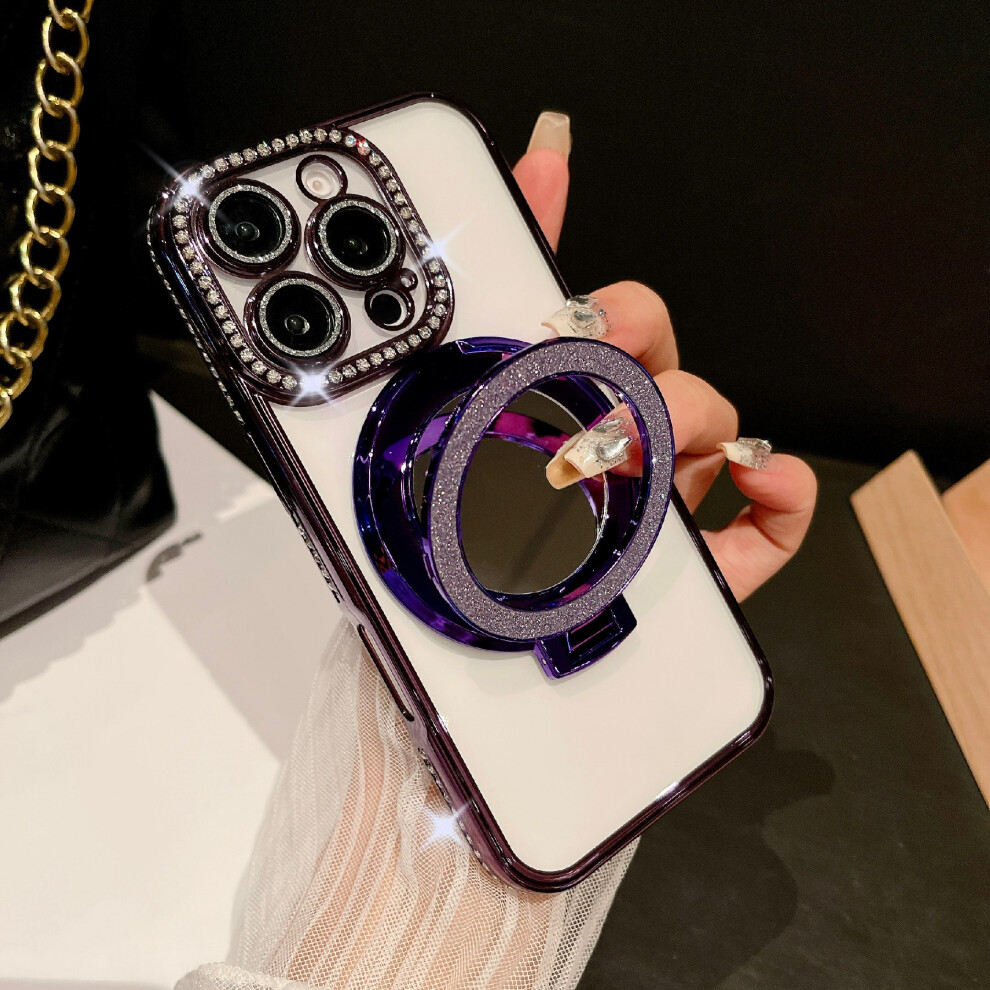(Dark ) For Iphone 16 Pro Max Case Electroplated Edge Mirror Kickstand Clear Back Phone Cover With Glitter Lens Film Purple 6914280712024
