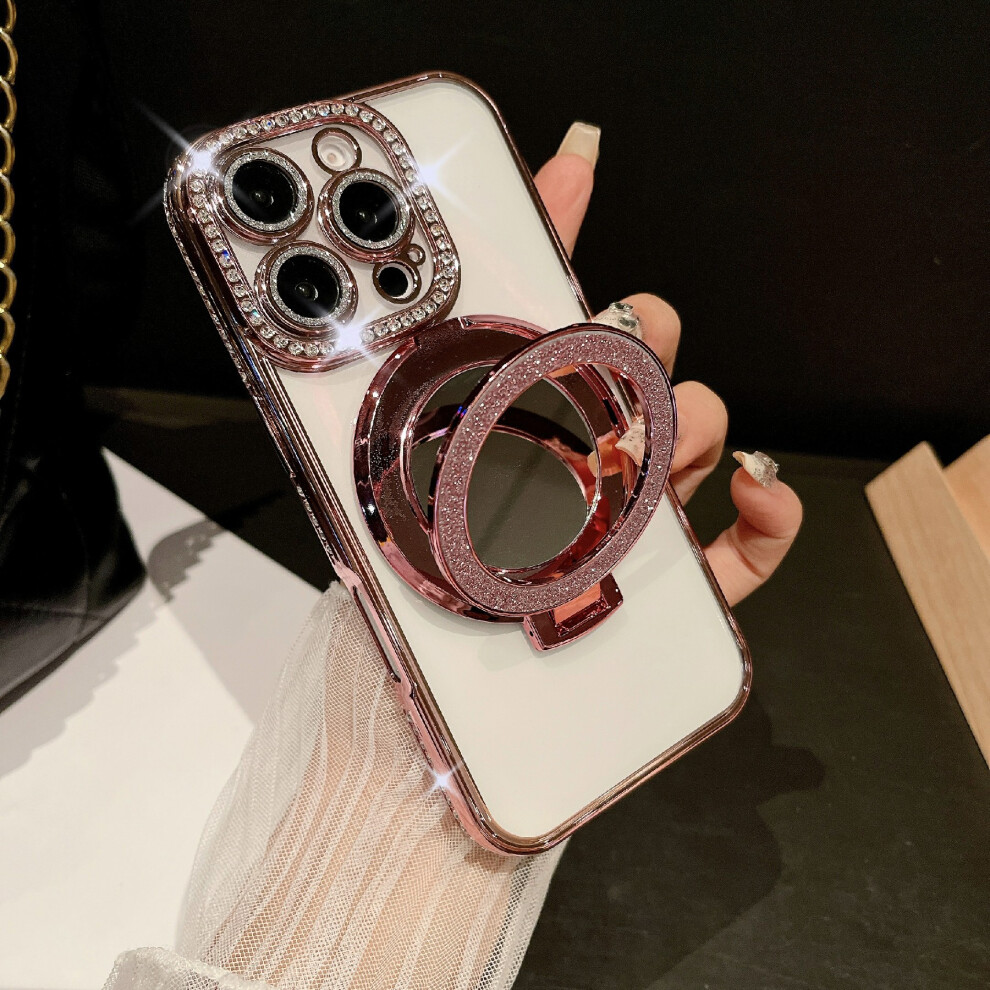 (Rose ) For Iphone 16 Pro Max Case Electroplated Edge Mirror Kickstand Clear Back Phone Cover With Glitter Lens Film Pink 6914287123977