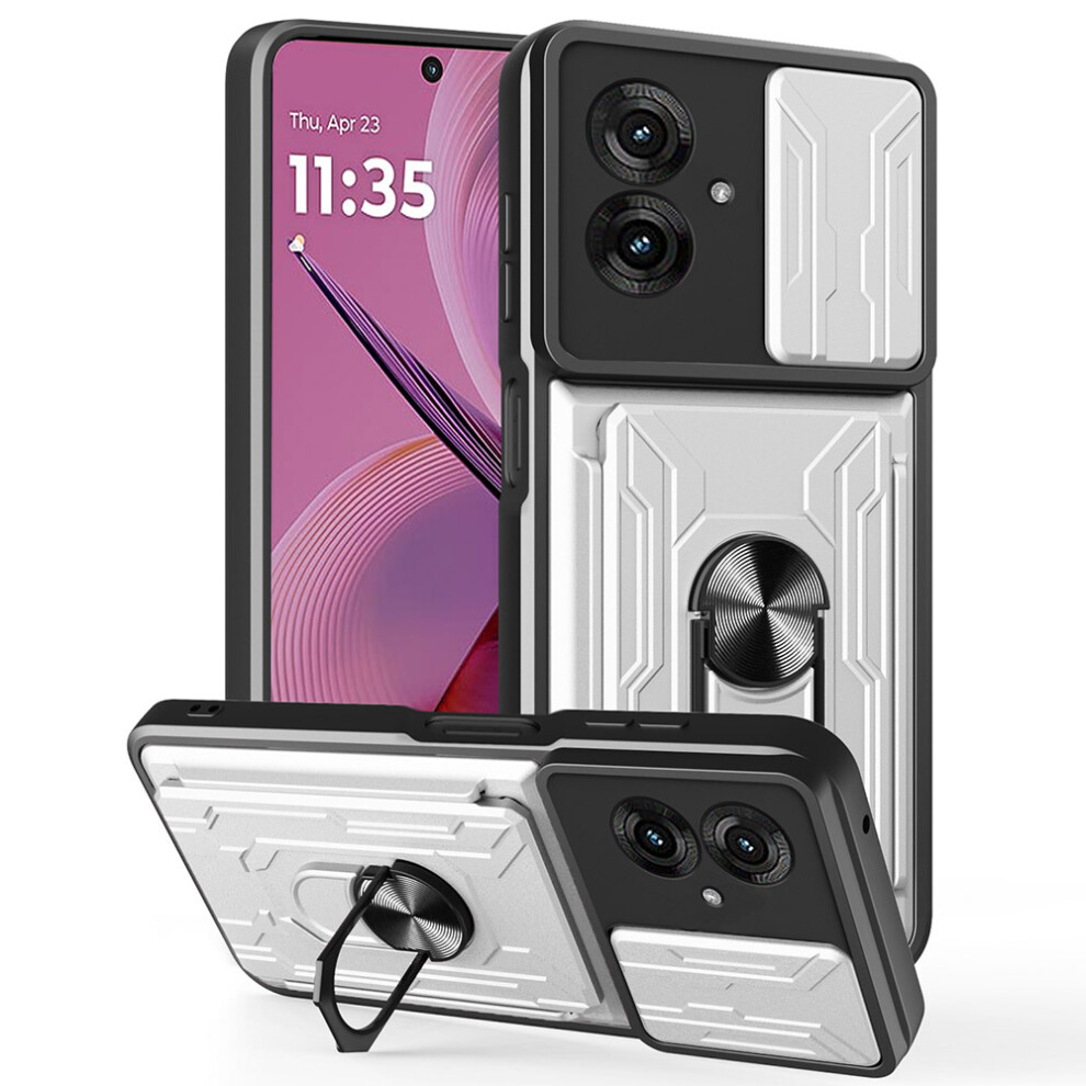 (White) For Motorola Moto G55 5G Case Pc + Tpu Kickstand Phone Back Cover With Camera Slider White 6914281921197