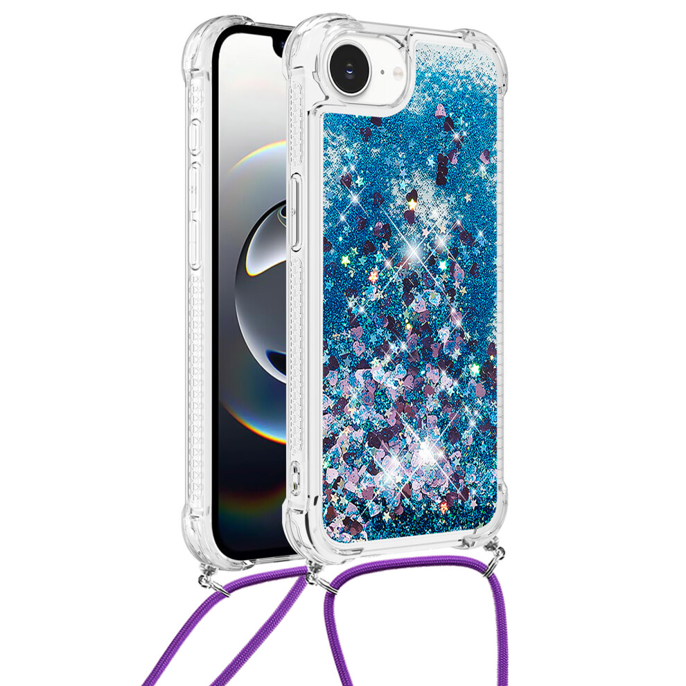 ( Hearts) For Iphone 16E Tpu Case Quicksand Design Phone Cover With Lanyard Blue 6914281125946