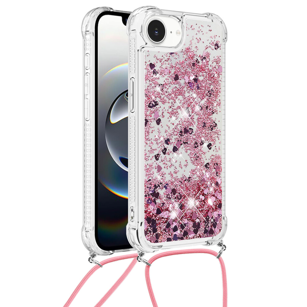 (Rose Hearts) For Iphone 16E Tpu Case Quicksand Design Phone Cover With Lanyard Gold 6914286573612