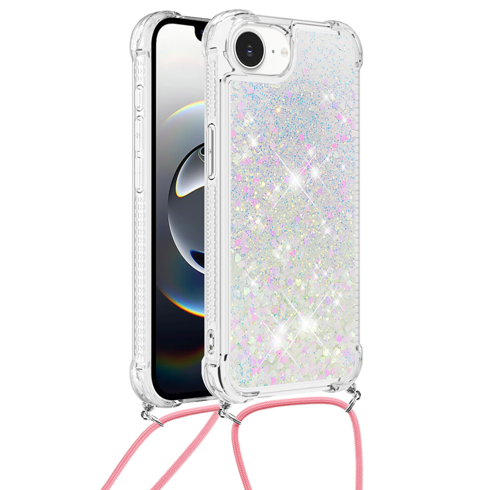 (Laser Hearts) For Iphone 16E Tpu Case Quicksand Design Phone Cover With Lanyard 6914285613845