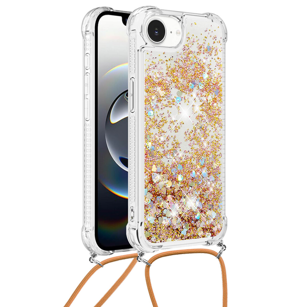 ( Hearts) For Iphone 16E Tpu Case Quicksand Design Phone Cover With Lanyard Gold 6914284593551