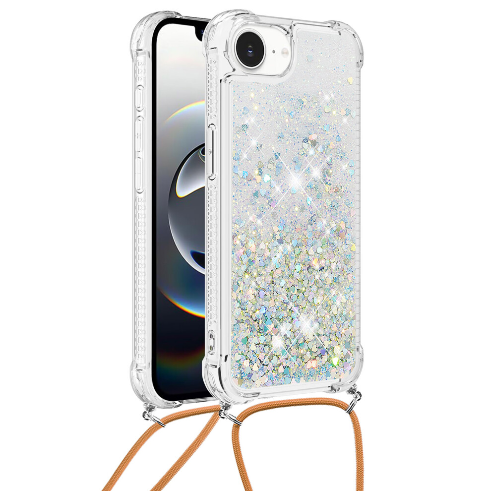 ( Hearts) For Iphone 16E Tpu Case Quicksand Design Phone Cover With Lanyard Silver 6914289174090