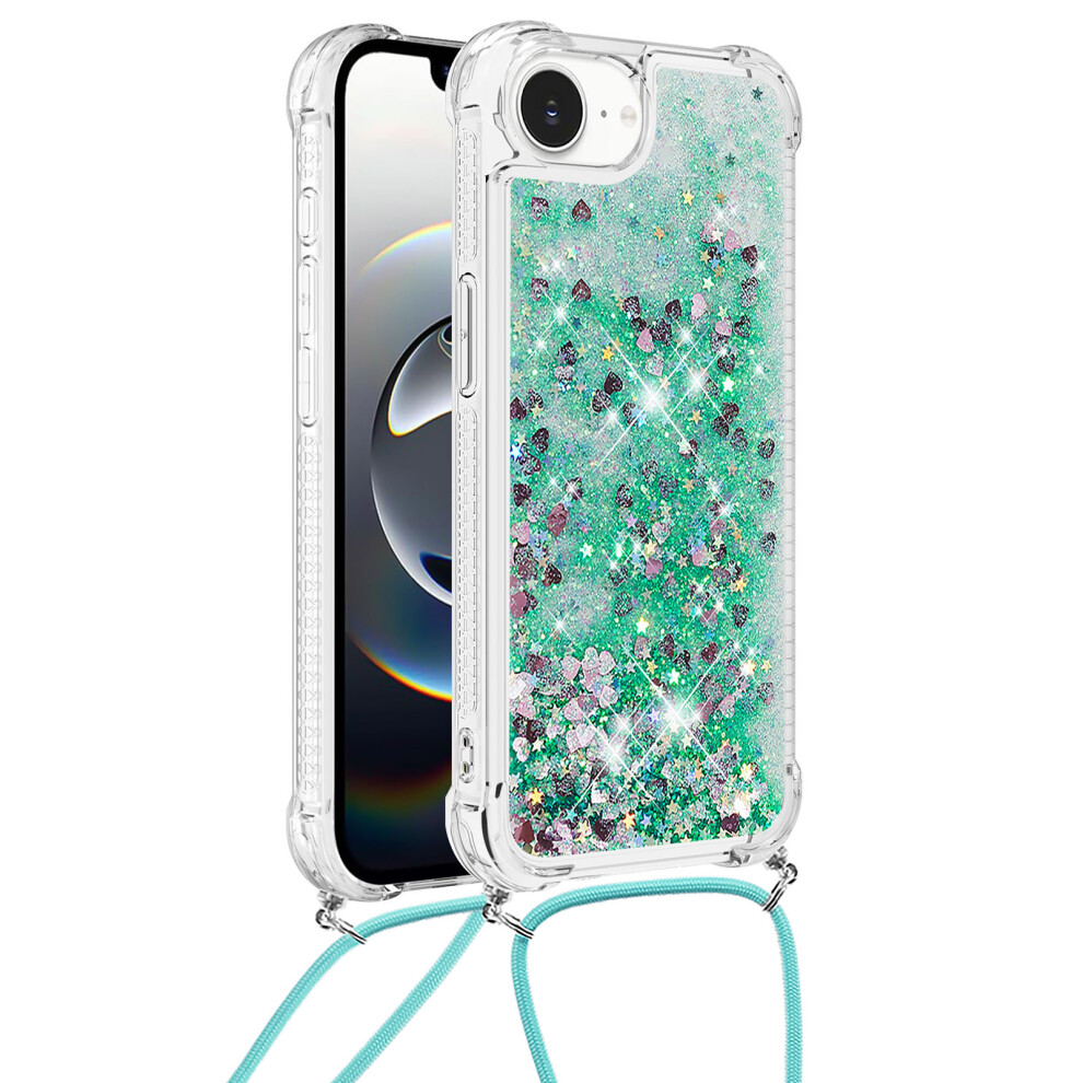 ( Hearts) For Iphone 16E Tpu Case Quicksand Design Phone Cover With Lanyard Green 6914287907270