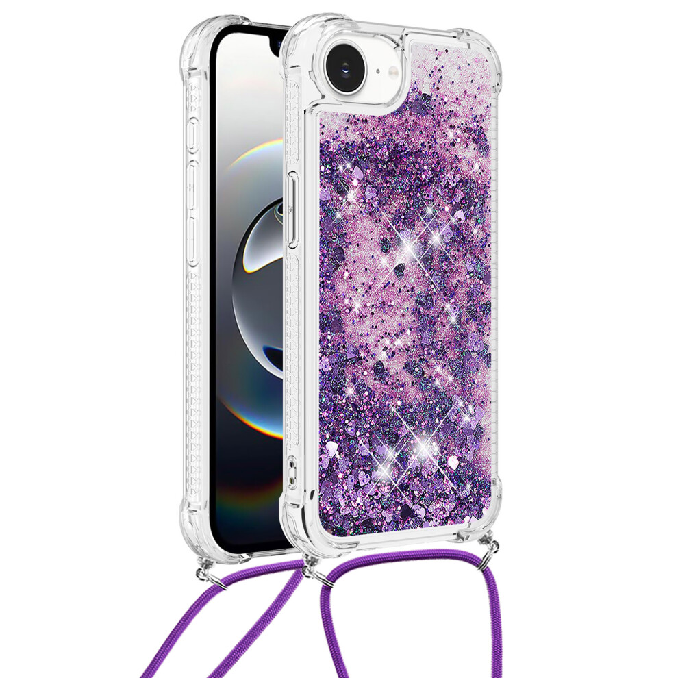 (Dark Hearts) For Iphone 16E Tpu Case Quicksand Design Phone Cover With Lanyard Purple 6914284713997