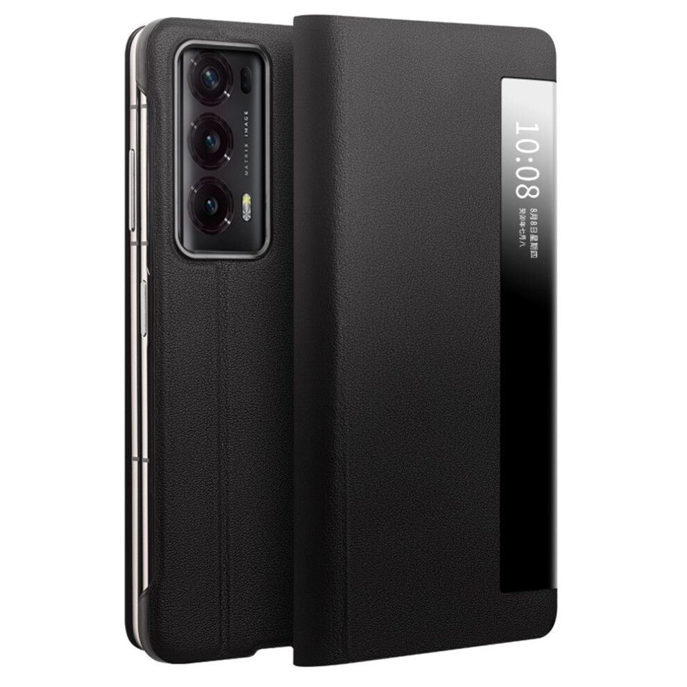 (Black) Qialino For Honor Magic V2 5G Genuine Cow Leather Case Smart View Window Phone Cover Black 6914282124436