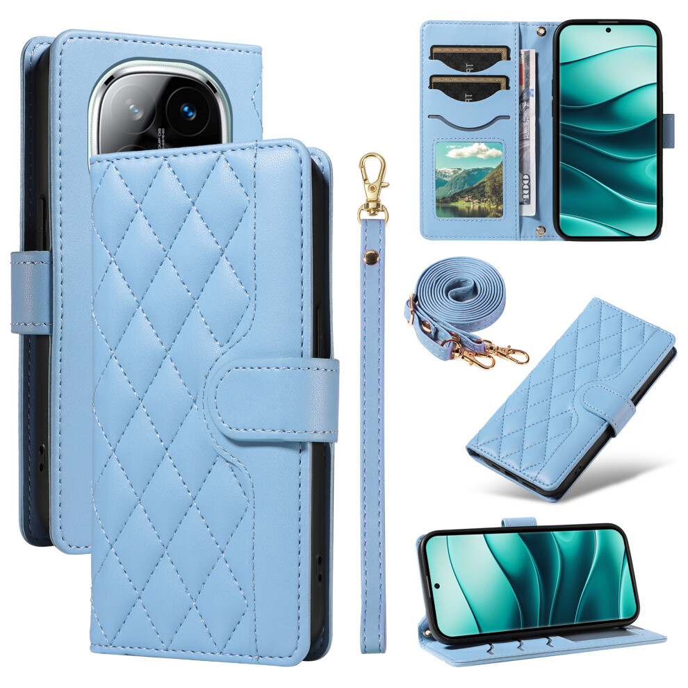 (Blue) For Xiaomi Redmi Note 14 Pro+ 5G Note 14 Pro 5G Poco X7 5G Case Wallet Rhombus Leather Phone Cover With Shoulder Strap, Wrist Strap Blue 6914288149709