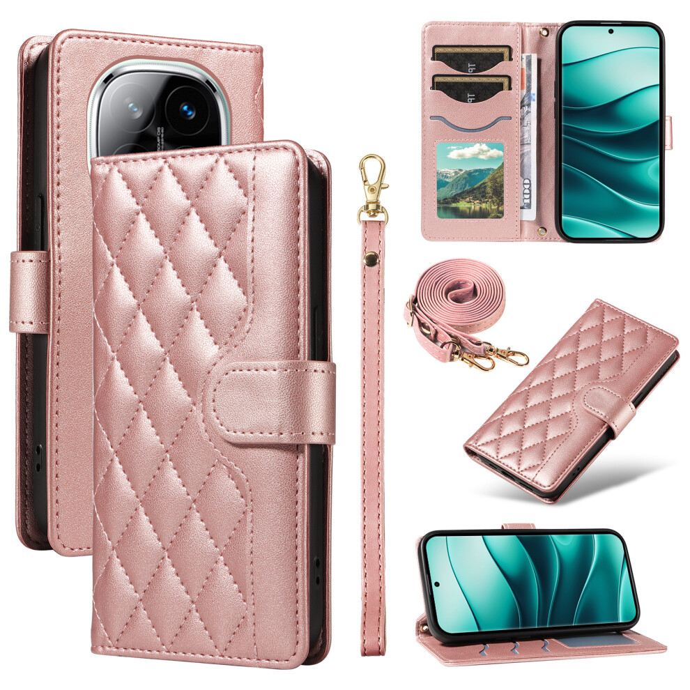 (Rose ) For Xiaomi Redmi Note 14 Pro+ 5G Note 14 Pro 5G Poco X7 5G Case Wallet Rhombus Leather Phone Cover With Shoulder Strap, Wrist Strap Gold 6914287834057