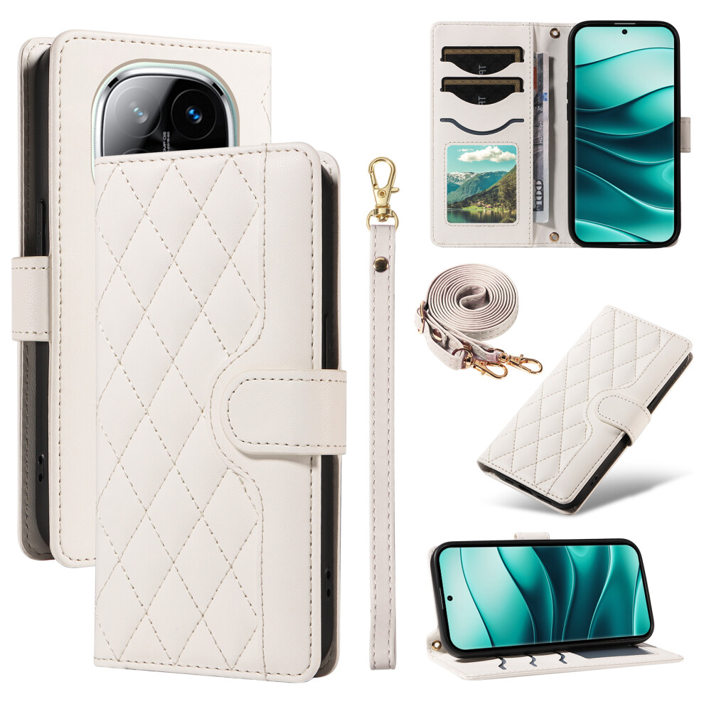 (White) For Xiaomi Redmi Note 14 Pro+ 5G Note 14 Pro 5G Poco X7 5G Case Wallet Rhombus Leather Phone Cover With Shoulder Strap, Wrist Strap White 6914288289580