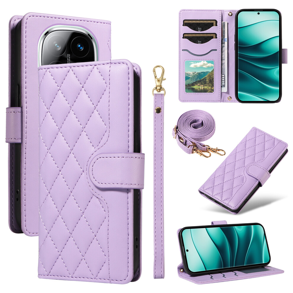 (Light ) For Xiaomi Redmi Note 14 Pro+ 5G Note 14 Pro 5G Poco X7 5G Case Wallet Rhombus Leather Phone Cover With Shoulder Strap, Wrist Strap Purple 6914286675835
