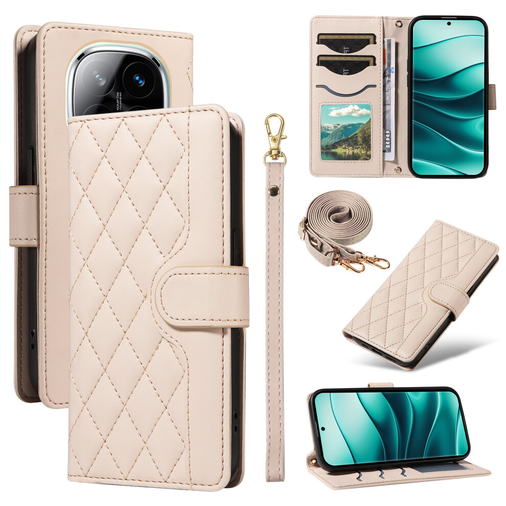 (Apricot) For Xiaomi Redmi Note 14 Pro+ 5G Note 14 Pro 5G Poco X7 5G Case Wallet Rhombus Leather Phone Cover With Shoulder Strap, Wrist Strap 6914289785906