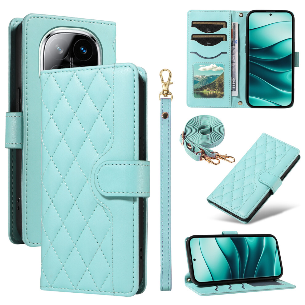 (Green) For Xiaomi Redmi Note 14 Pro+ 5G Note 14 Pro 5G Poco X7 5G Case Wallet Rhombus Leather Phone Cover With Shoulder Strap, Wrist Strap Green 6914283362110