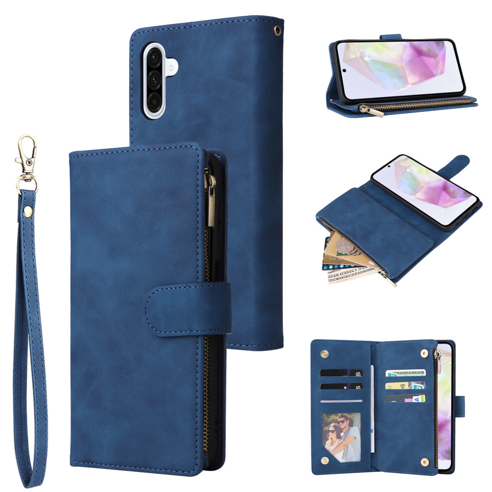 (Blue) For Samsung Galaxy A17 5G A17 4G A26 5G Case Zipper Wallet Multiple Card Slots Leather Phone Cover With Wrist Strap Blue 6914284288105