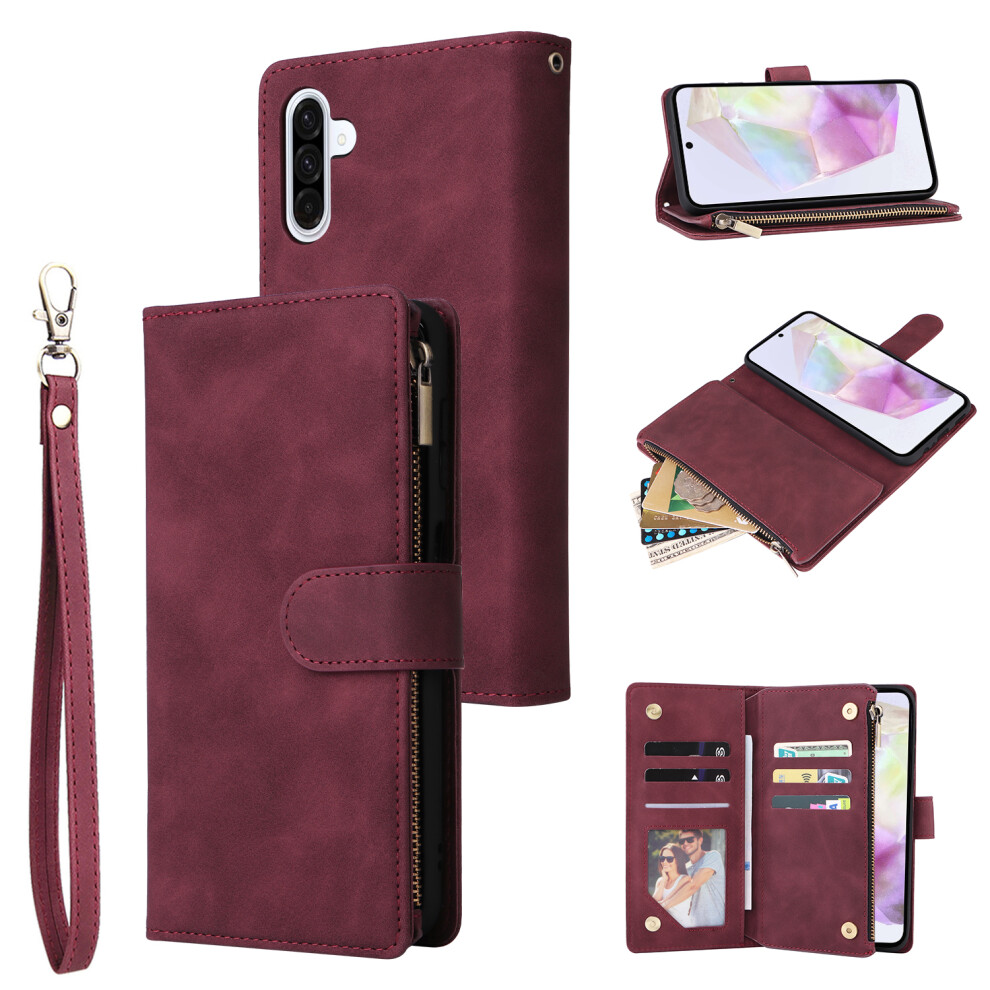 (Wine ) For Samsung Galaxy A17 5G A17 4G A26 5G Case Zipper Wallet Multiple Card Slots Leather Phone Cover With Wrist Strap Red 6914287095700