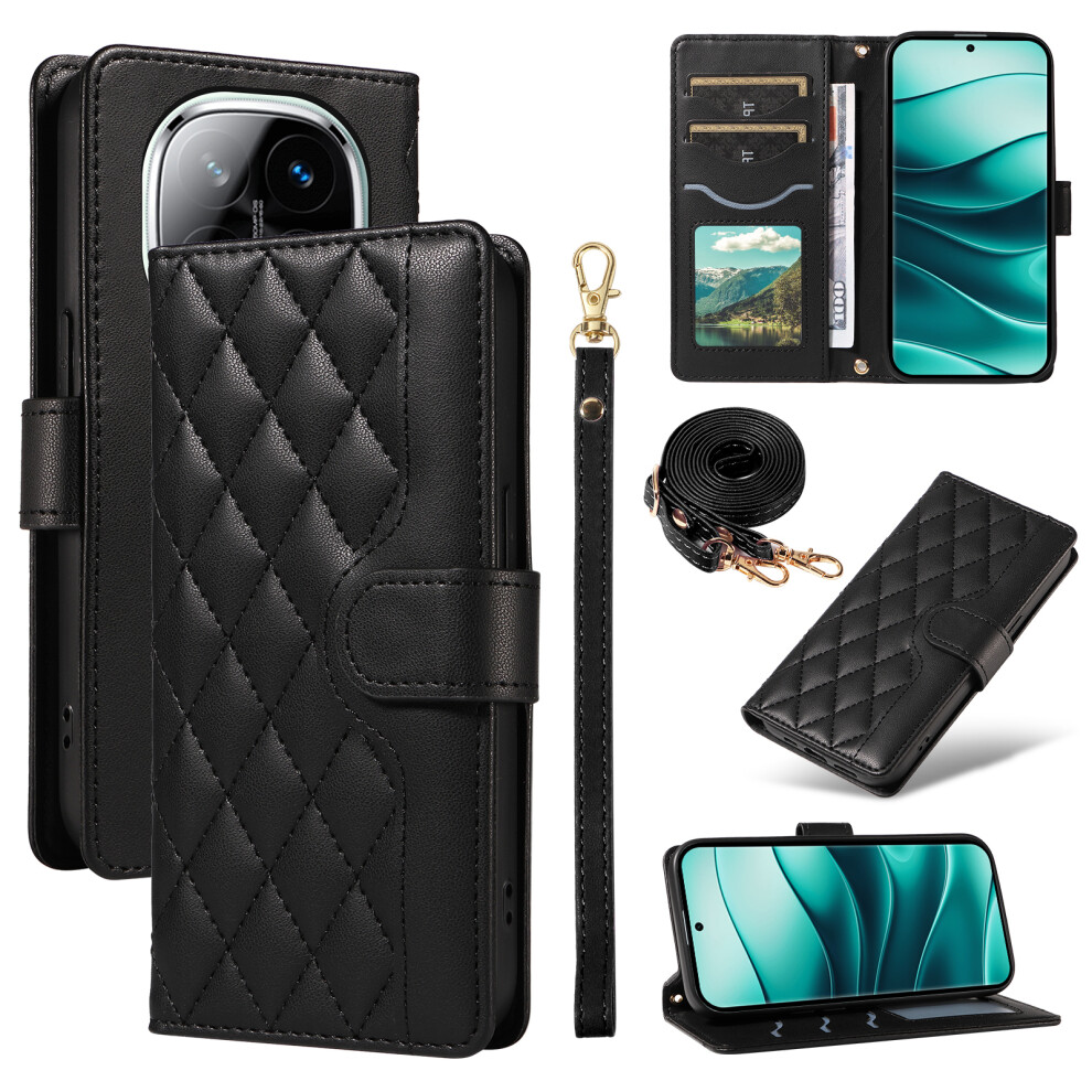 (Black) For Xiaomi Redmi Note 14 Pro+ 5G Note 14 Pro 5G Poco X7 5G Case Wallet Rhombus Leather Phone Cover With Shoulder Strap, Wrist Strap Black 6914286197856
