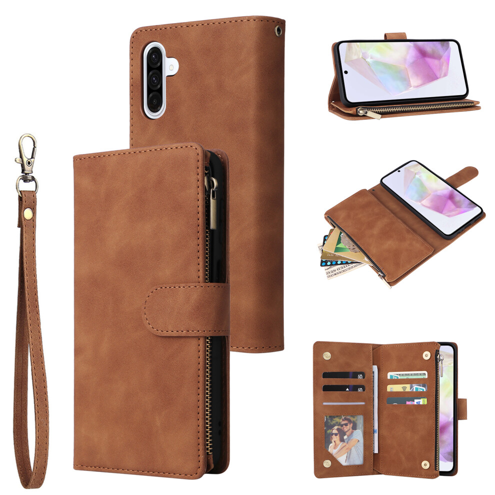 (Brown) For Samsung Galaxy A17 5G A17 4G A26 5G Case Zipper Wallet Multiple Card Slots Leather Phone Cover With Wrist Strap Brown 6914288748209