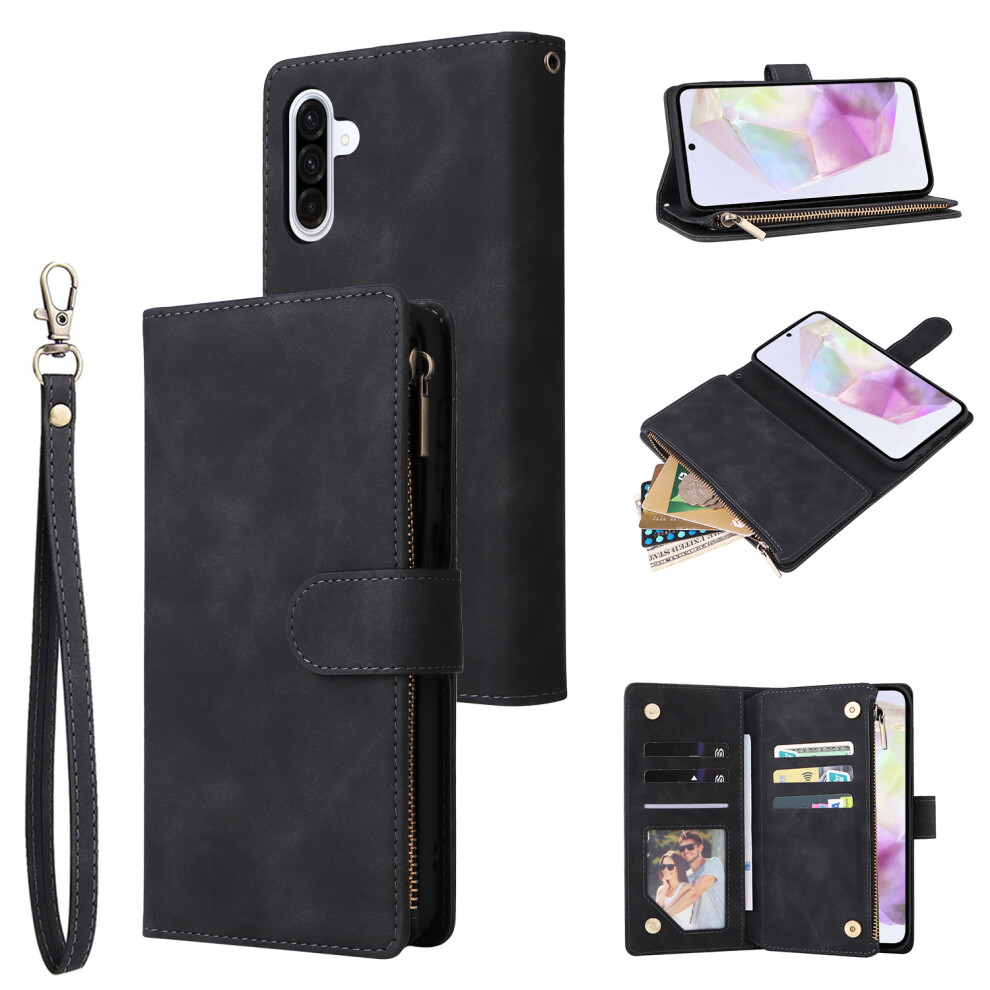(Black) For Samsung Galaxy A17 5G A17 4G A26 5G Case Zipper Wallet Multiple Card Slots Leather Phone Cover With Wrist Strap Black 6914289015249
