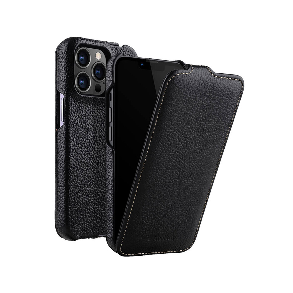 (Black) Melkco For Iphone 12 12 Pro Vertical Flip Phone Case Genuine Cow Leather+Pc Matte Cover Black 6914280307176