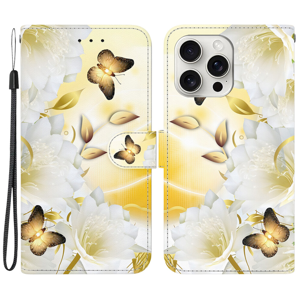 ( Butterfly Flower) For Iphone 16 Pro Max Case Pattern Print Leather Phone Cover With Wallet Gold 6914281167939