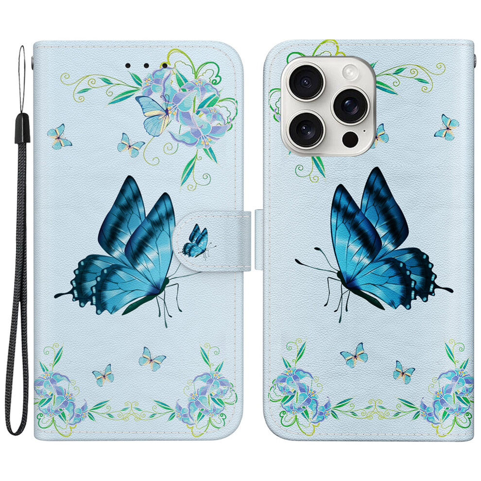 ( Butterfly Flower) For Iphone 16 Pro Max Case Pattern Print Leather Phone Cover With Wallet Blue 6914289074680