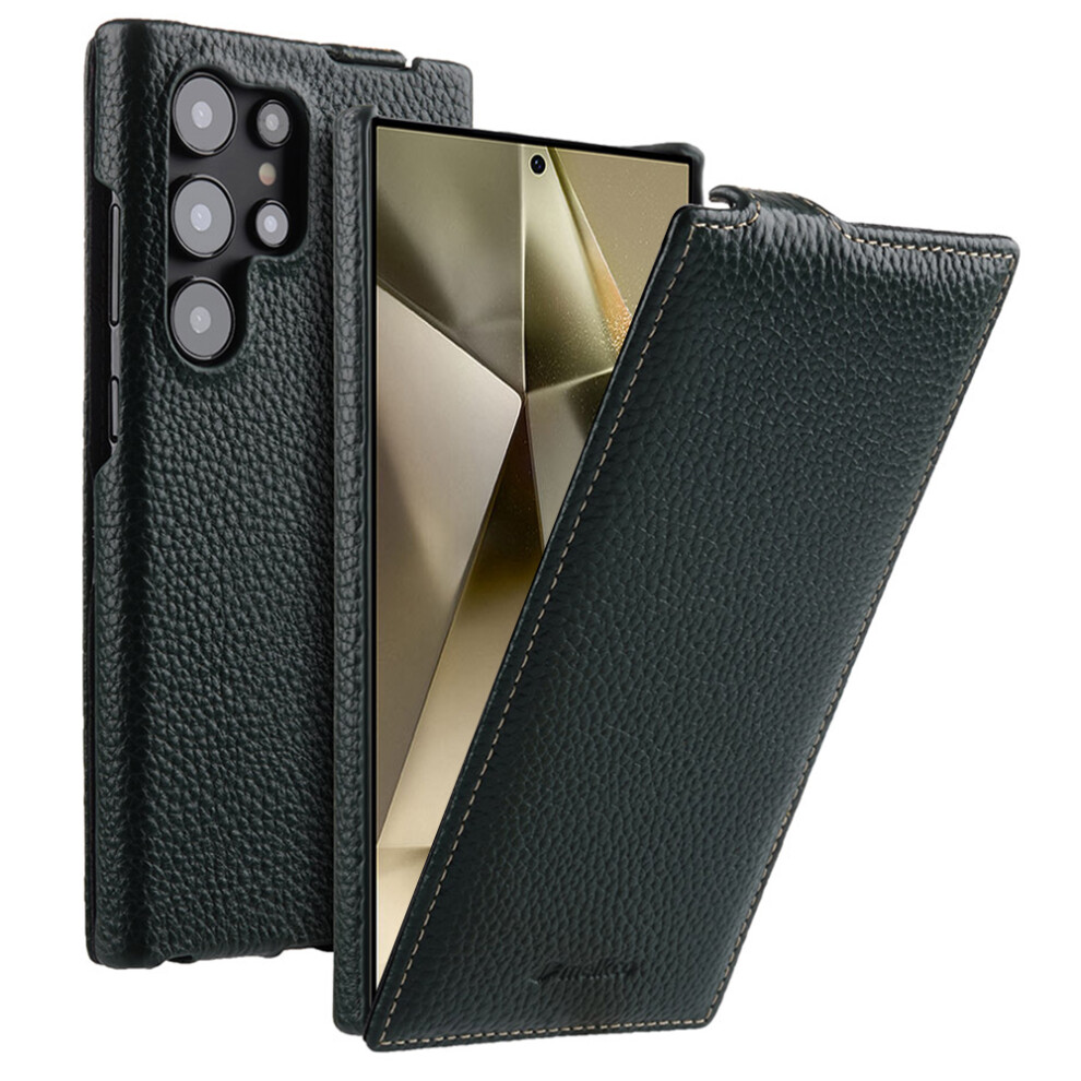 (Dark ) Melkco For Samsung Galaxy S25 Ultra Case Vertical Flip Genuine Cow Leather + Pc Shockproof Phone Cover Green 6914282852391