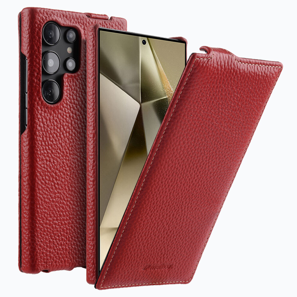 (Red) Melkco For Samsung Galaxy S25 Ultra Case Vertical Flip Genuine Cow Leather + Pc Shockproof Phone Cover Red 6914288868860