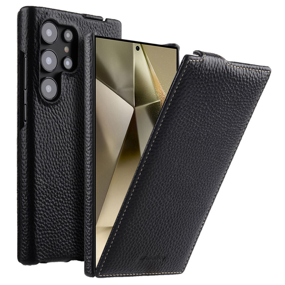 (Black) MELKCO For Samsung	Galaxy S25 Ultra Case Vertical Flip Genuine Cow Leather + PC Shockproof Phone Cover
