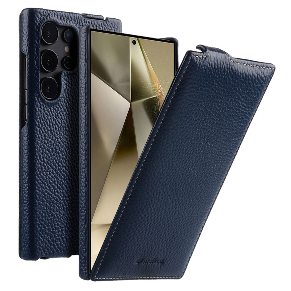 (Dark ) Melkco For Samsung Galaxy S25 Ultra Case Vertical Flip Genuine Cow Leather + Pc Shockproof Phone Cover Blue 6914282456919