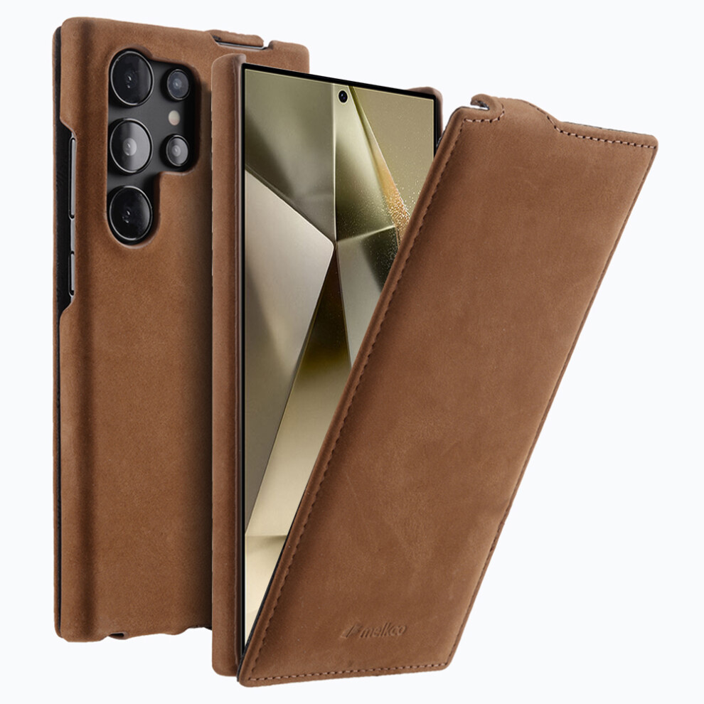 (Brown) Melkco For Samsung Galaxy S25 Ultra Case Vertical Flip Genuine Cow Leather + Pc Shockproof Phone Cover Brown 6914280820705