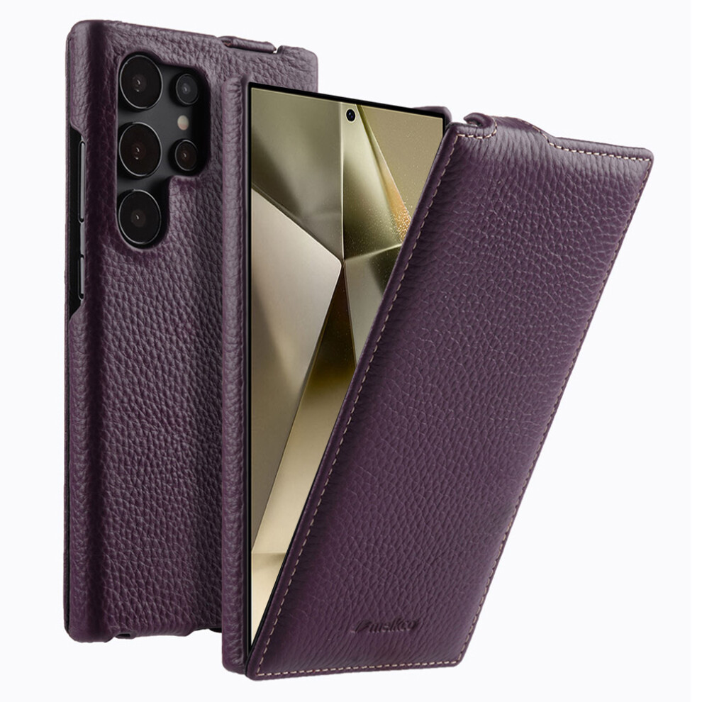 (Purple) Melkco For Samsung Galaxy S25 Ultra Case Vertical Flip Genuine Cow Leather + Pc Shockproof Phone Cover Purple 6914289806335