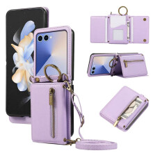 (Purple) For Samsung Galaxy Z Flip7 5G Leather Back Cover Zipper Wallet Kickstand Phone Case with Shoulder Strap