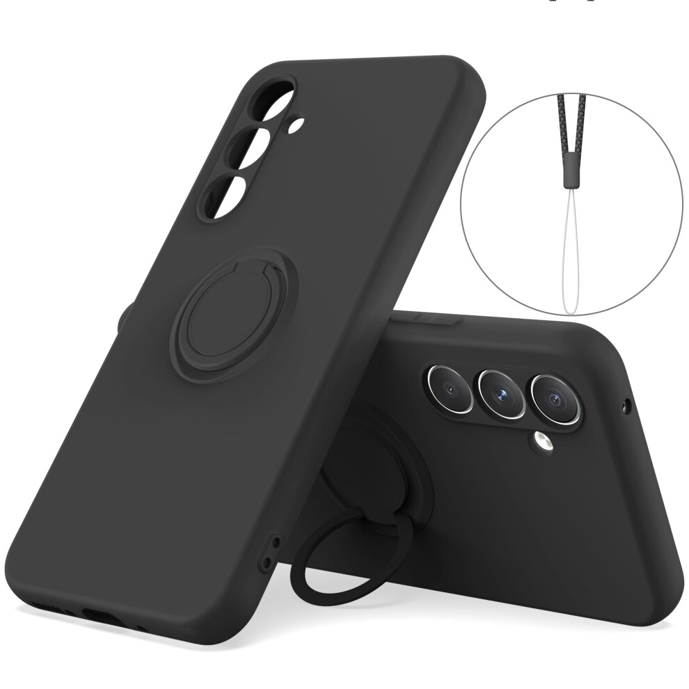 (Black) For Samsung Galaxy A56 5G Silicone Case With Strap Ring Kickstand Phone Cover Black 6914282391654
