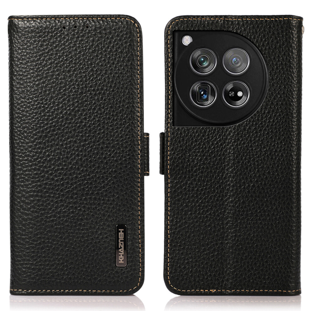(Black) Khazneh For Oneplus 12 5G Case Genuine Cow Leather Litchi Texture Rfid Blocking Phone Cover Black 6914285148965