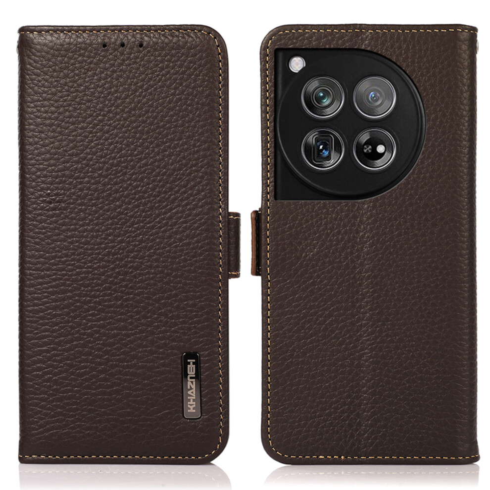 (Brown) Khazneh For Oneplus 12 5G Case Genuine Cow Leather Litchi Texture Rfid Blocking Phone Cover Brown 6914284217686