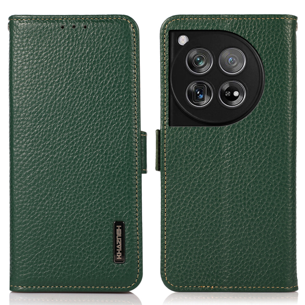 (Green) Khazneh For Oneplus 12 5G Case Genuine Cow Leather Litchi Texture Rfid Blocking Phone Cover Green 6914282181750