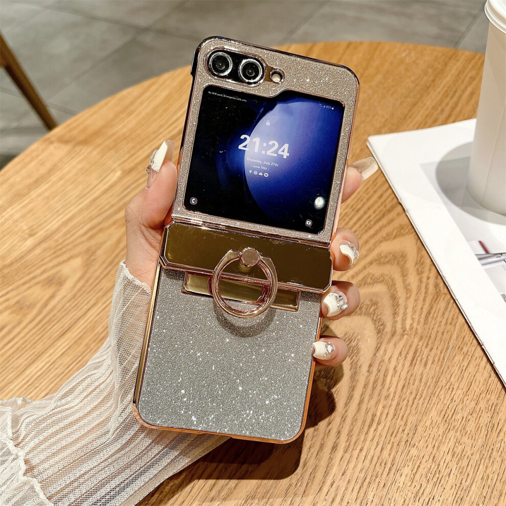(Gold) For Samsung Galaxy Z Flip5 5G Glitter Design Hard Pc Phone Cover With Ring Kickstand Gold 6914280885049