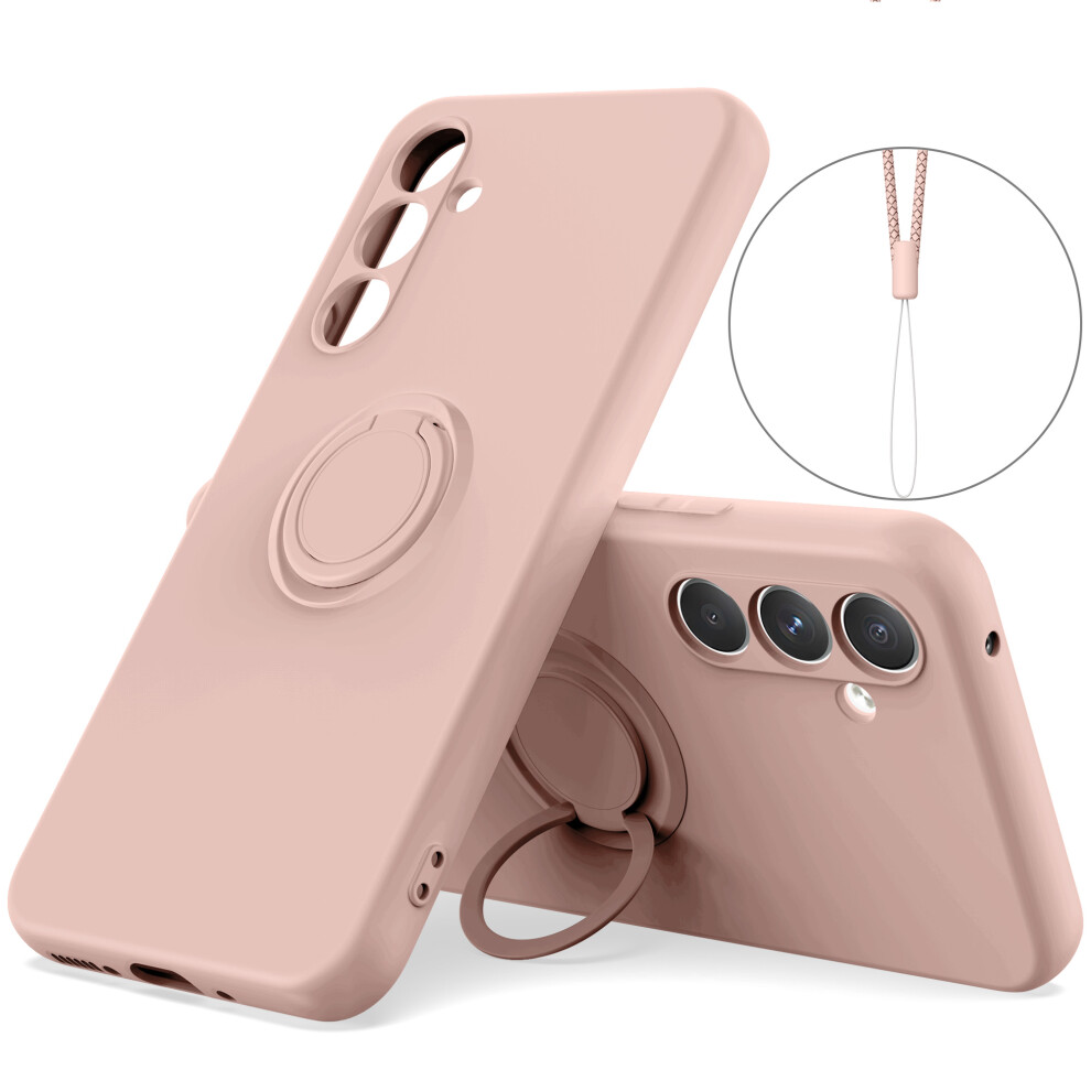 (Pink) For Samsung Galaxy S24 Fe Silicone Case With Strap Ring Kickstand Phone Cover Pink 6914285411243