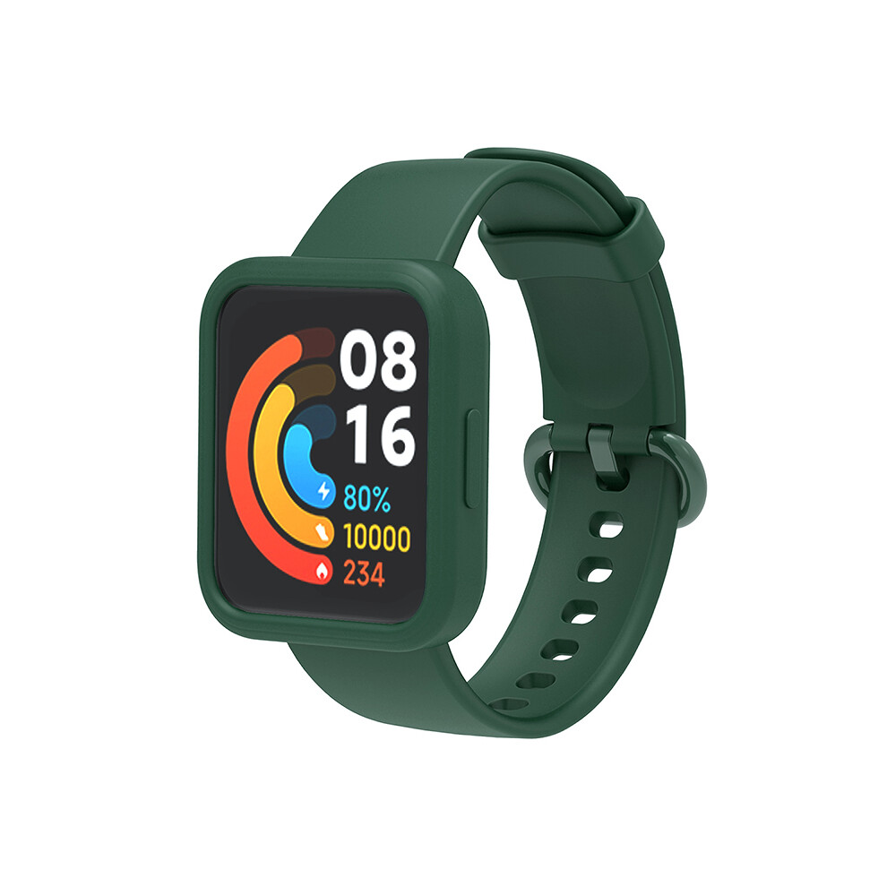 (Pine Needle /Green/Green) For Xiaomi Redmi Watch 2/Redmi Watch 2 Lite Solid Color Silicone Watch Band Strap + Drop-Proof Watch Case Green 6914281613153