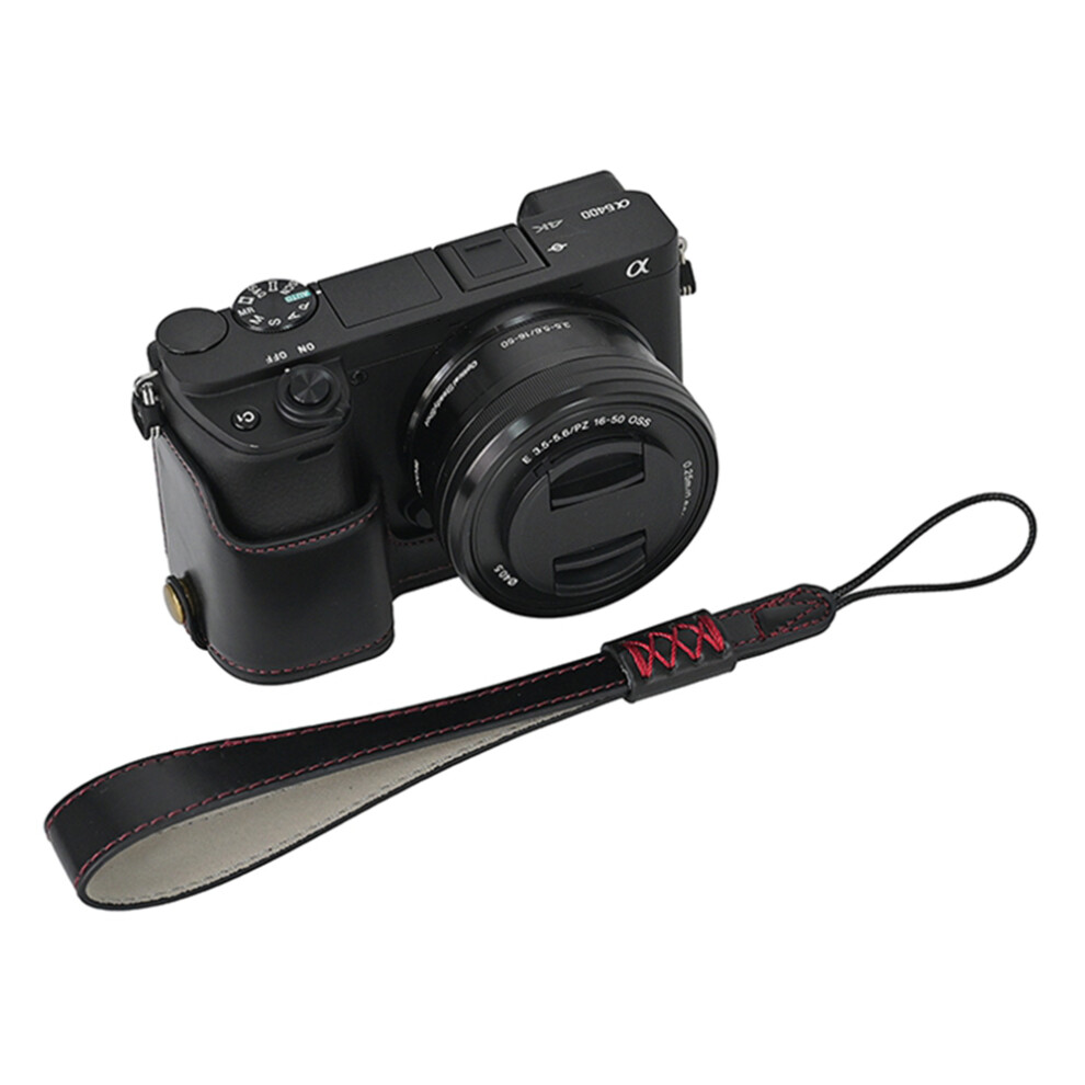 (Black) Camera Cover for Sony A6400 A6300 A6100 A6000 Battery Opening Design PU Leather Half Body Bottom Case with Wrist Strap-image-OPC-PKBCT7S-NEW