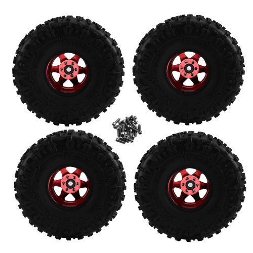 Conjunto de 4 pneus de borracha com aro de roda de metal Beadlock de 122 mm e 1,9 polegadas, vermelho