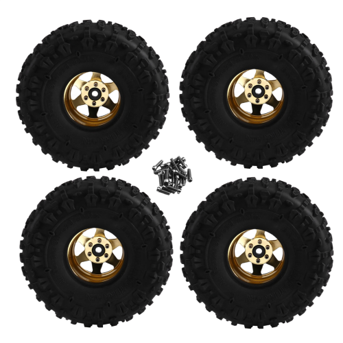 Conjunto de 4 pneus de borracha com aro de roda de metal beadlock de 122 mm e 1,9 polegadas, amarelo