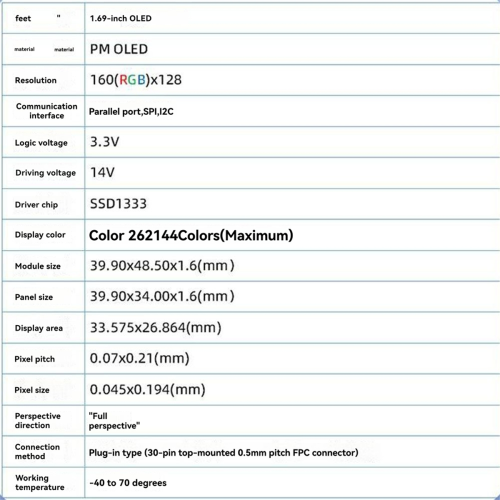 Tela OLED de 1,69 polegadas, 30 pinos, 262K cores, unidade SSD PM1333 2