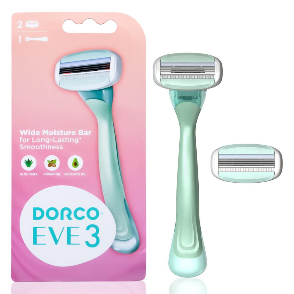 Dorco Eve Dorco Eve3 Razors - Extra Smooth Shaving With 1 Handle & 2 Blade Refills, 3 Curved Blades, Flexible Aloe Vera Moisture Bar, Interchangeable Cartridge