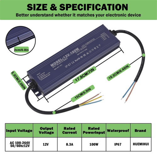 LED-driver IP67 vanntett 12V 8.3A 100W strømforsyningstransformator 2