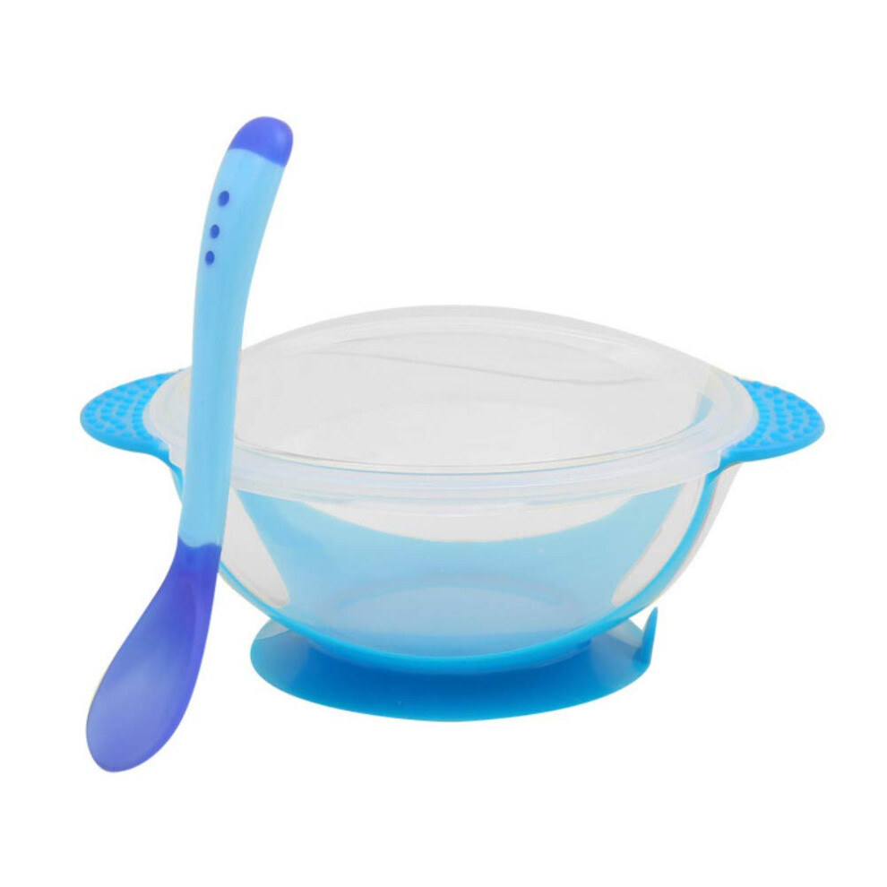 Baby Sucker Bowl Set with Temperature Spoon, Blue Plastic Training Bowl for Babies and Toddlers