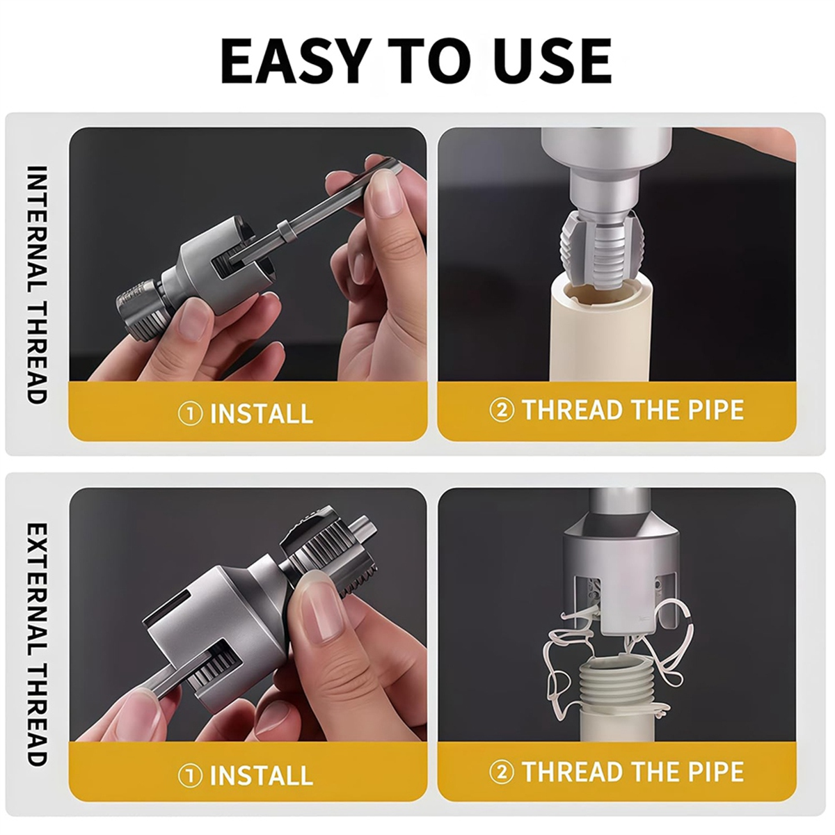 Outil de filetage interne et externe intégré, outil de coupe de filetage de tuyau, kit d'enfile-tuyau en PVC compatible avec perceuse électrique, outil de fabrication de filetage de tuyaux pour la